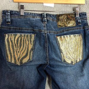 Baby Phat Y2K Gold Zebra Sequin Zipper Ankle Accent Cropped Jeans Sz 11 Waist 32